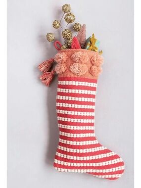 Creative Co-op Woven Pom Pom Christmas Stocking